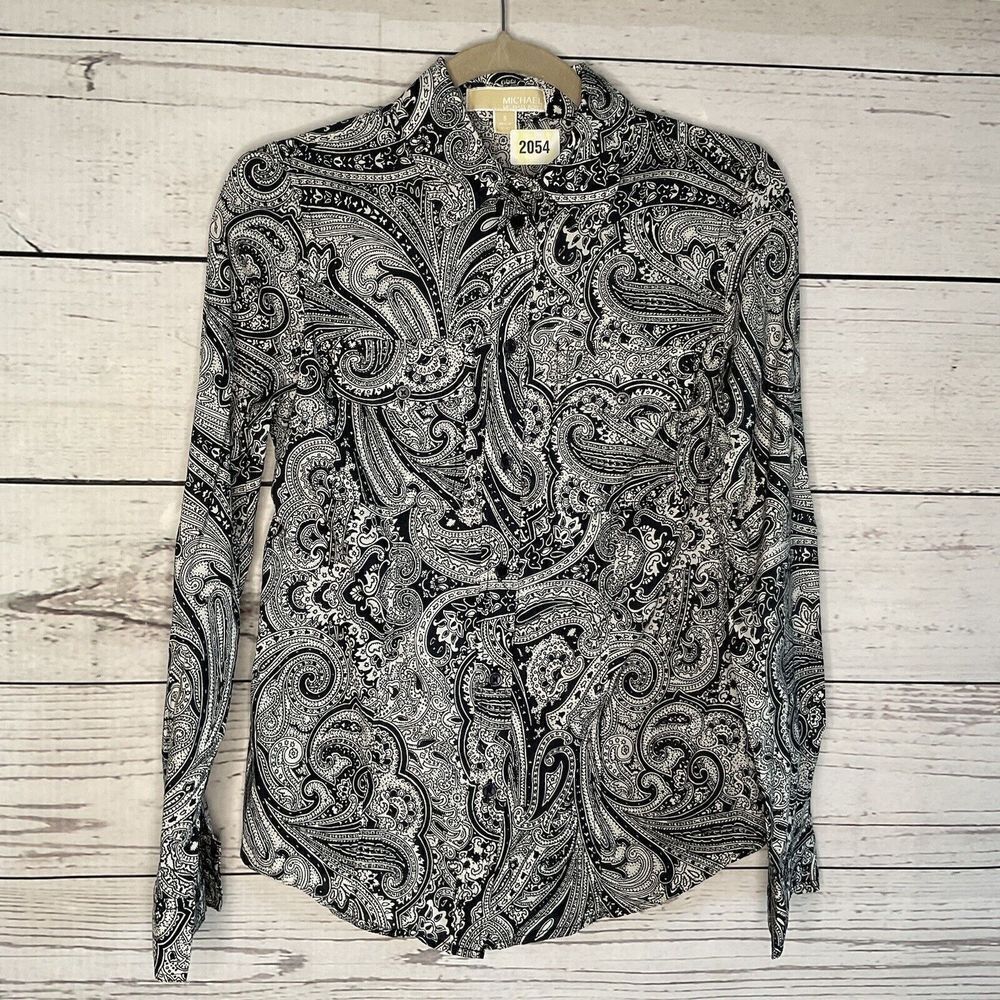 Michael Kors Womens Small Black White Paisley Button-Up Shirt Long Sleeves Size‎